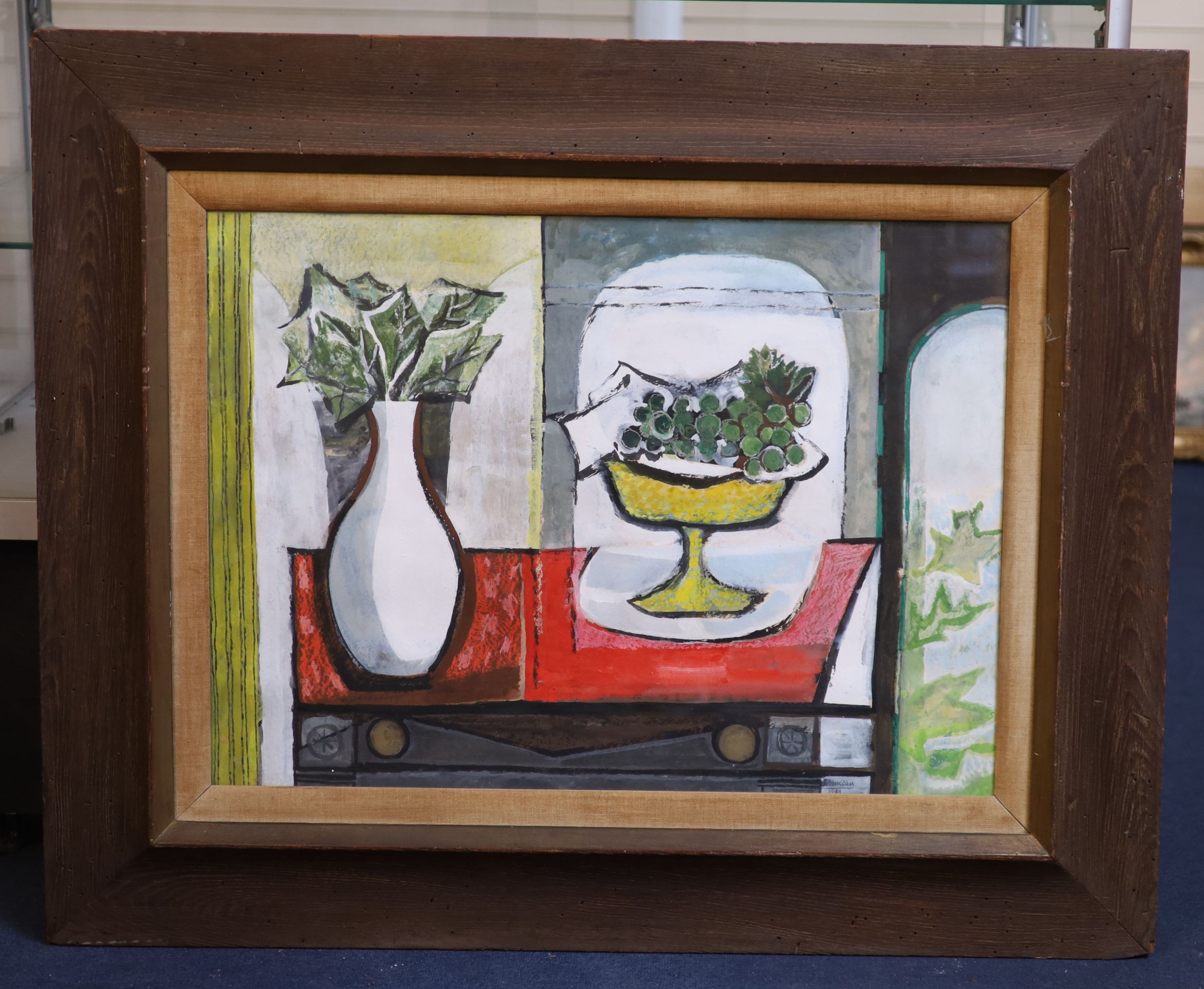 Modern British , Still life of a vase and bowl of grapes upon a table top, gouache and watercolour on board, 55 x 75.5cm